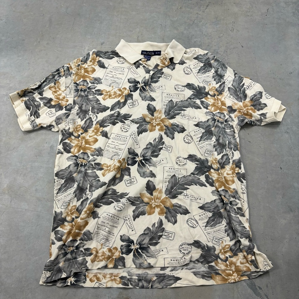 Vintage Nautica Floral Passport Stamp Short Sleeve Polo Mens Sz‎ XL